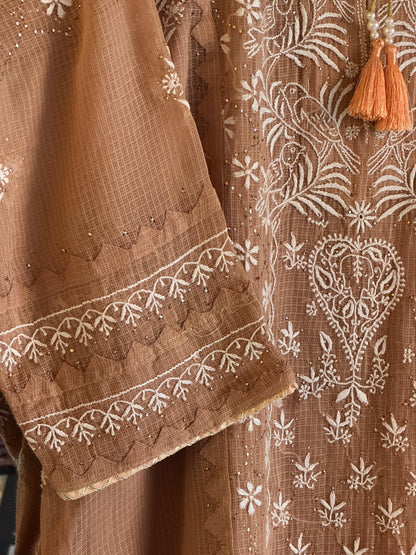 Beige Shade Kota Applique Chikankari Kurta Dupatta Set