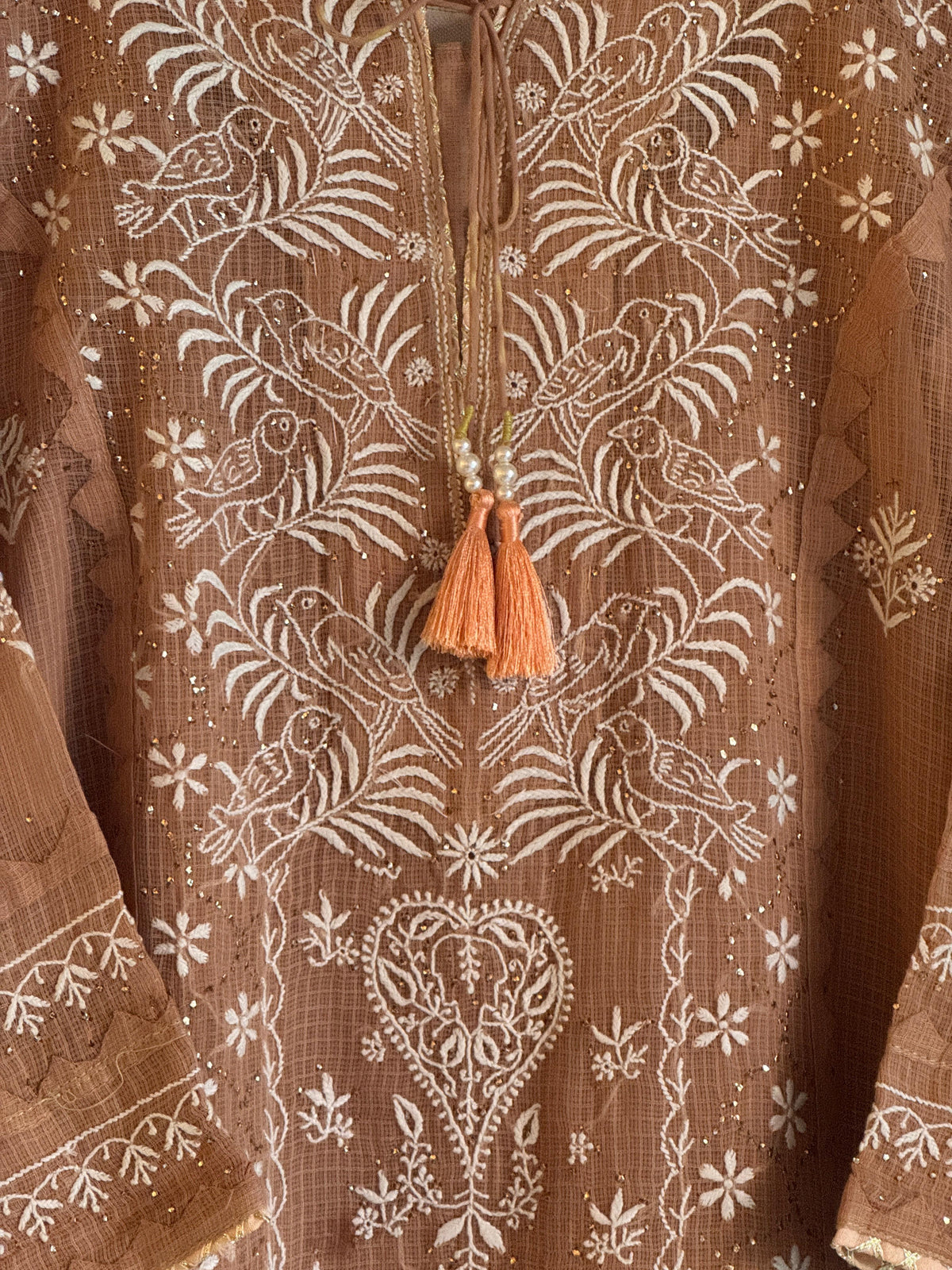 Beige Shade Kota Applique Chikankari Kurta Dupatta Set