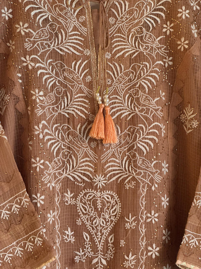 Beige Shade Kota Applique Chikankari Kurta Dupatta Set