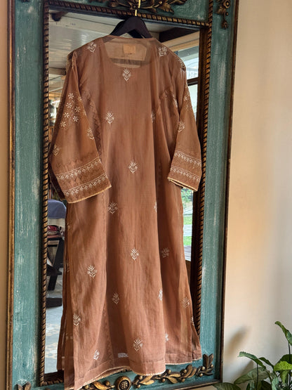 Beige Shade Kota Applique Chikankari Kurta Dupatta Set