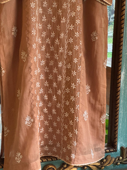Beige Shade Kota Applique Chikankari Kurta Dupatta Set