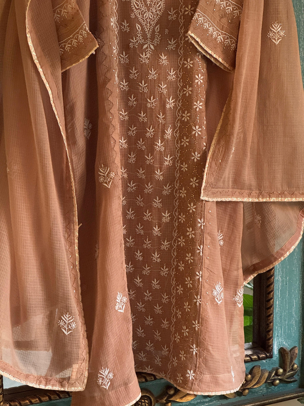 Beige Shade Kota Applique Chikankari Kurta Dupatta Set