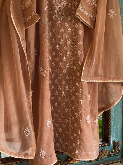 Beige Shade Kota Applique Chikankari Kurta Dupatta Set