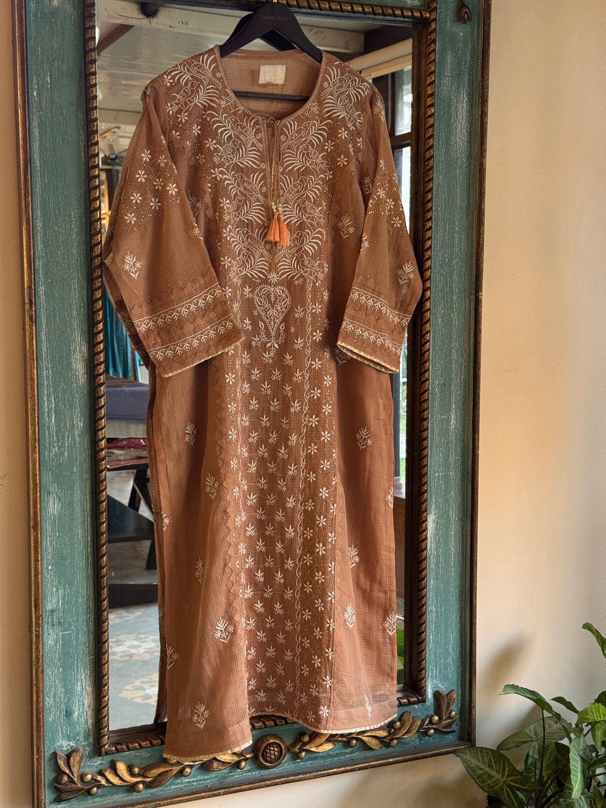 Beige Shade Kota Applique Chikankari Kurta Dupatta Set
