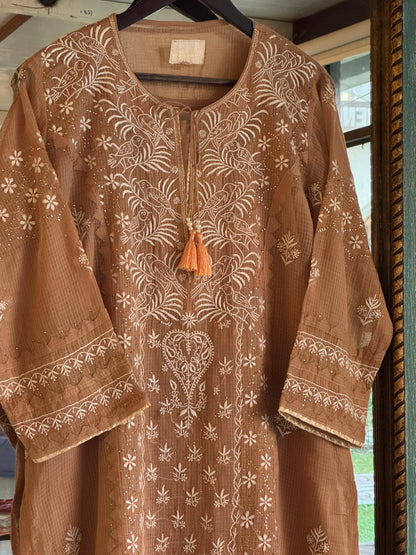Beige Shade Kota Applique Chikankari Kurta Dupatta Set