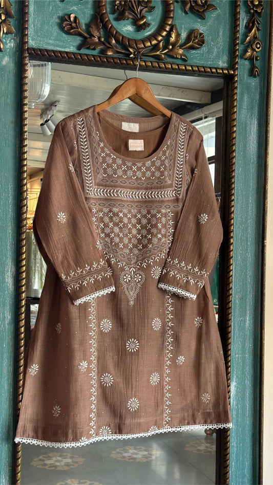 Beige Shade Malmal Chikankari Kamdani Short Kurti