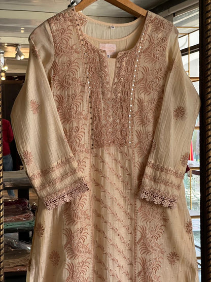 Beige Shade Malmal Mukaish Kamdani Chikankari Stitched Kurta Dupatta Set