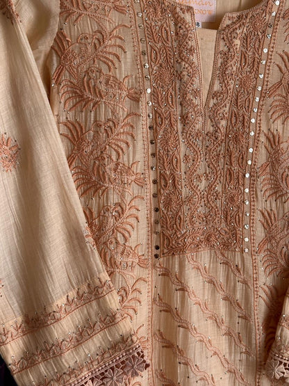 Beige Shade Malmal Mukaish Kamdani Chikankari Stitched Kurta Dupatta Set