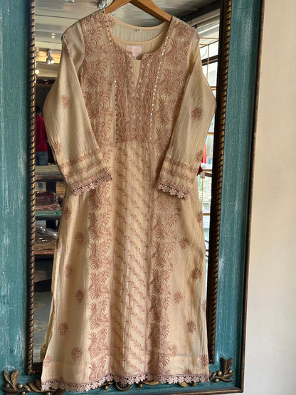 Beige Shade Malmal Mukaish Kamdani Chikankari Stitched Kurta Dupatta Set