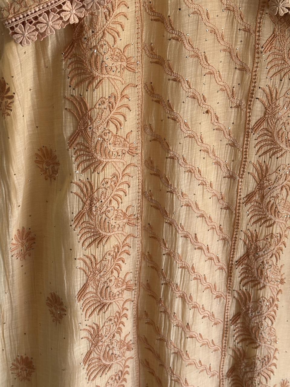 Beige Shade Malmal Mukaish Kamdani Chikankari Stitched Kurta Dupatta Set