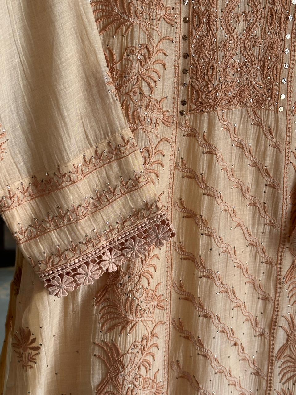 Beige Shade Malmal Mukaish Kamdani Chikankari Stitched Kurta Dupatta Set