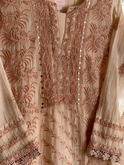 Beige Shade Malmal Mukaish Kamdani Chikankari Stitched Kurta Dupatta Set
