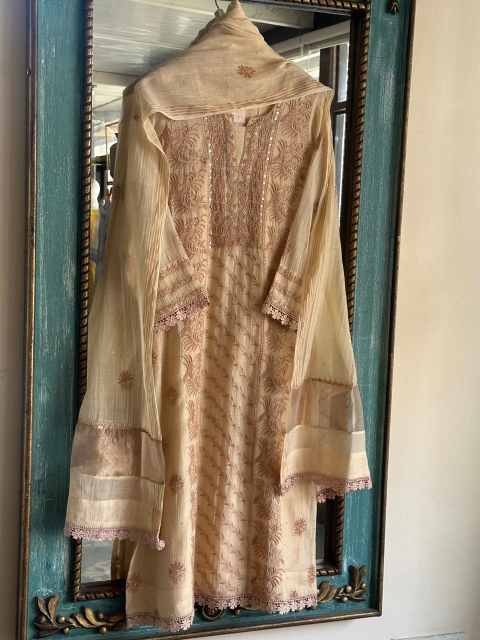 Beige Shade Malmal Mukaish Kamdani Chikankari Stitched Kurta Dupatta Set