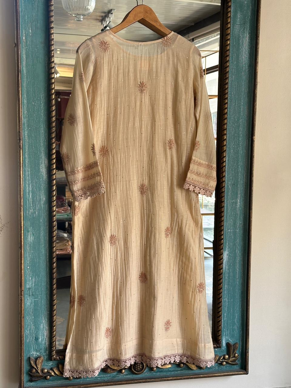 Beige Shade Malmal Mukaish Kamdani Chikankari Stitched Kurta Dupatta Set