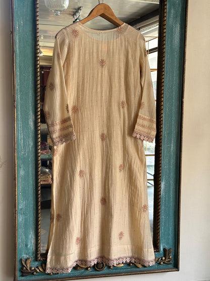 Beige Shade Malmal Mukaish Kamdani Chikankari Stitched Kurta Dupatta Set