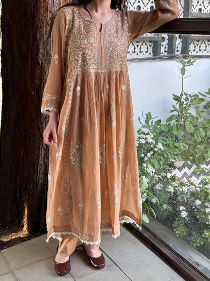 Beige Shade Malmal Mukaish Kamdani Kurta Set