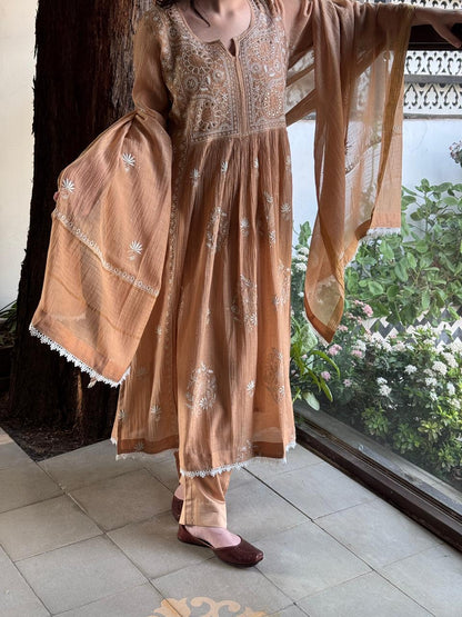 Beige Shade Malmal Mukaish Kamdani Kurta Set