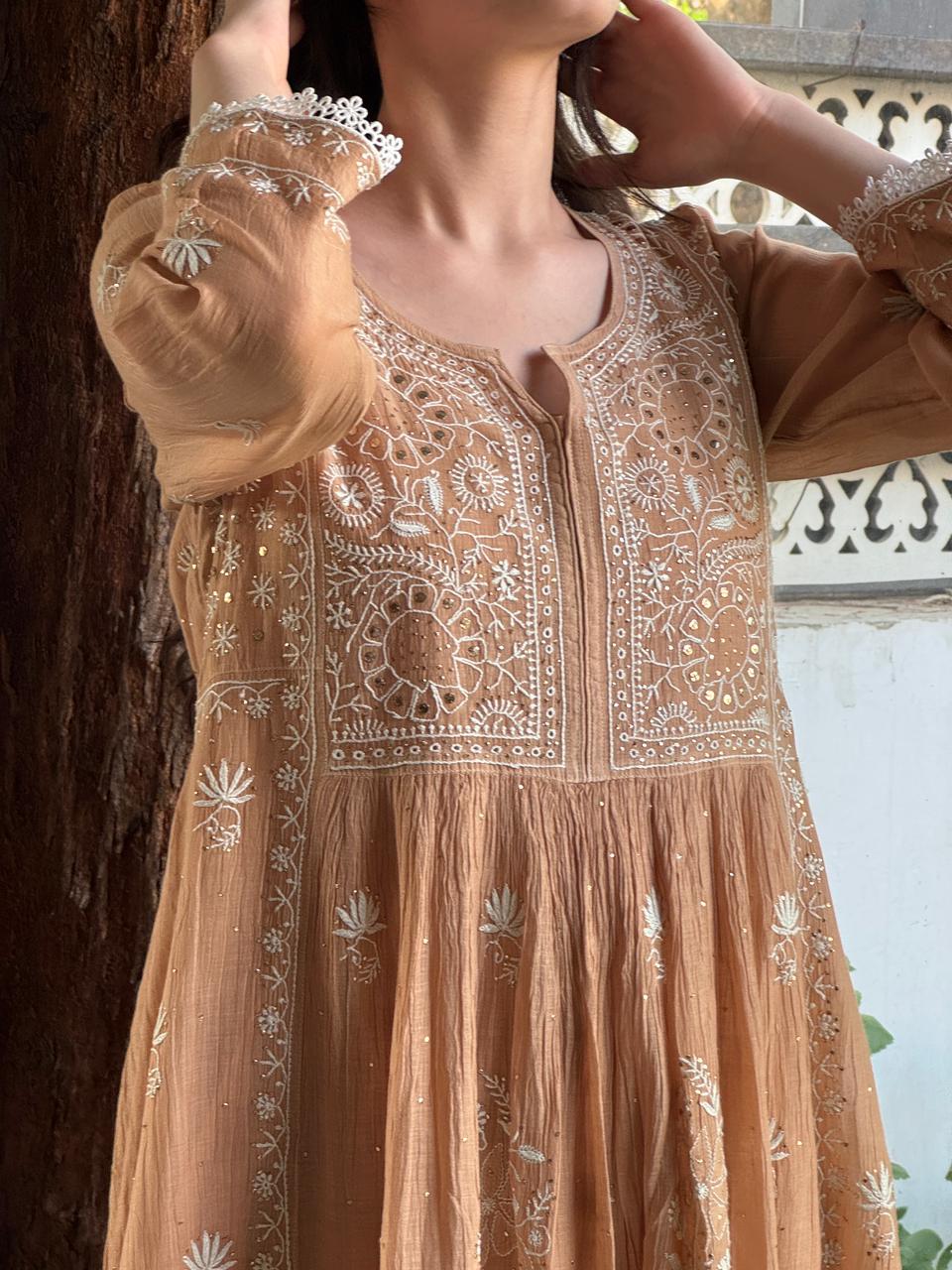 Beige Shade Malmal Mukaish Kamdani Kurta Set