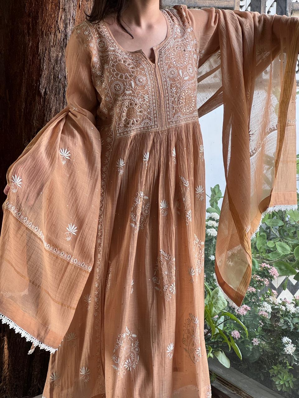 Beige Shade Malmal Mukaish Kamdani Kurta Set