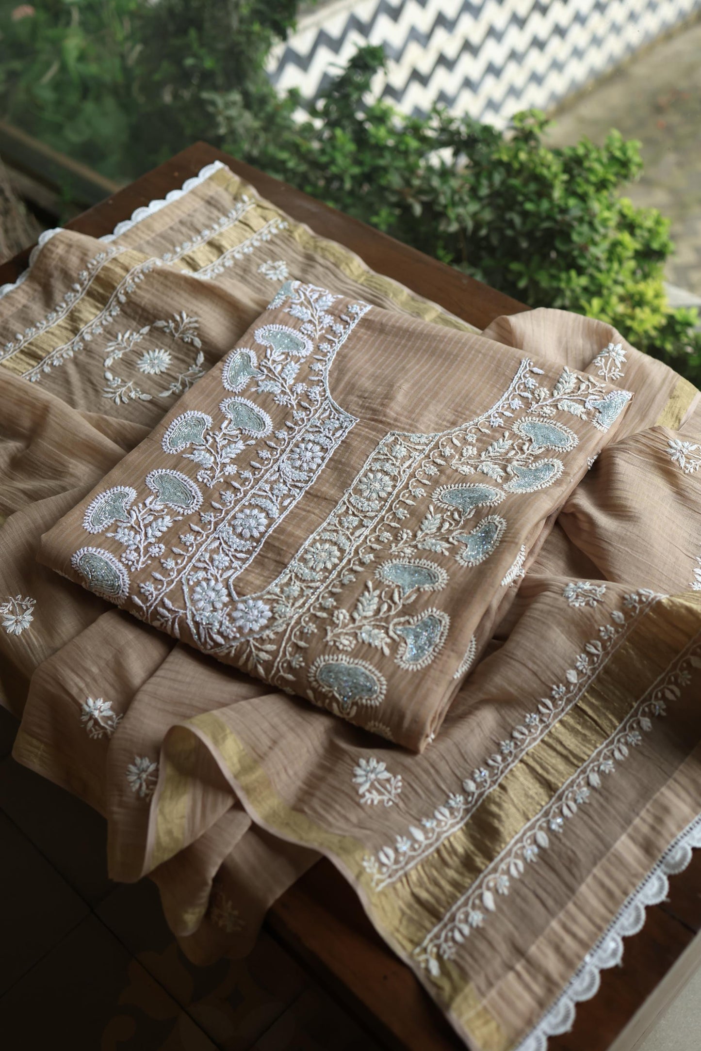 Beige Shade  Malmal Pearl Work Chikankari Fabric