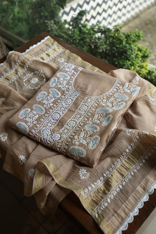 Beige Shade  Malmal Pearl Work Chikankari Fabric