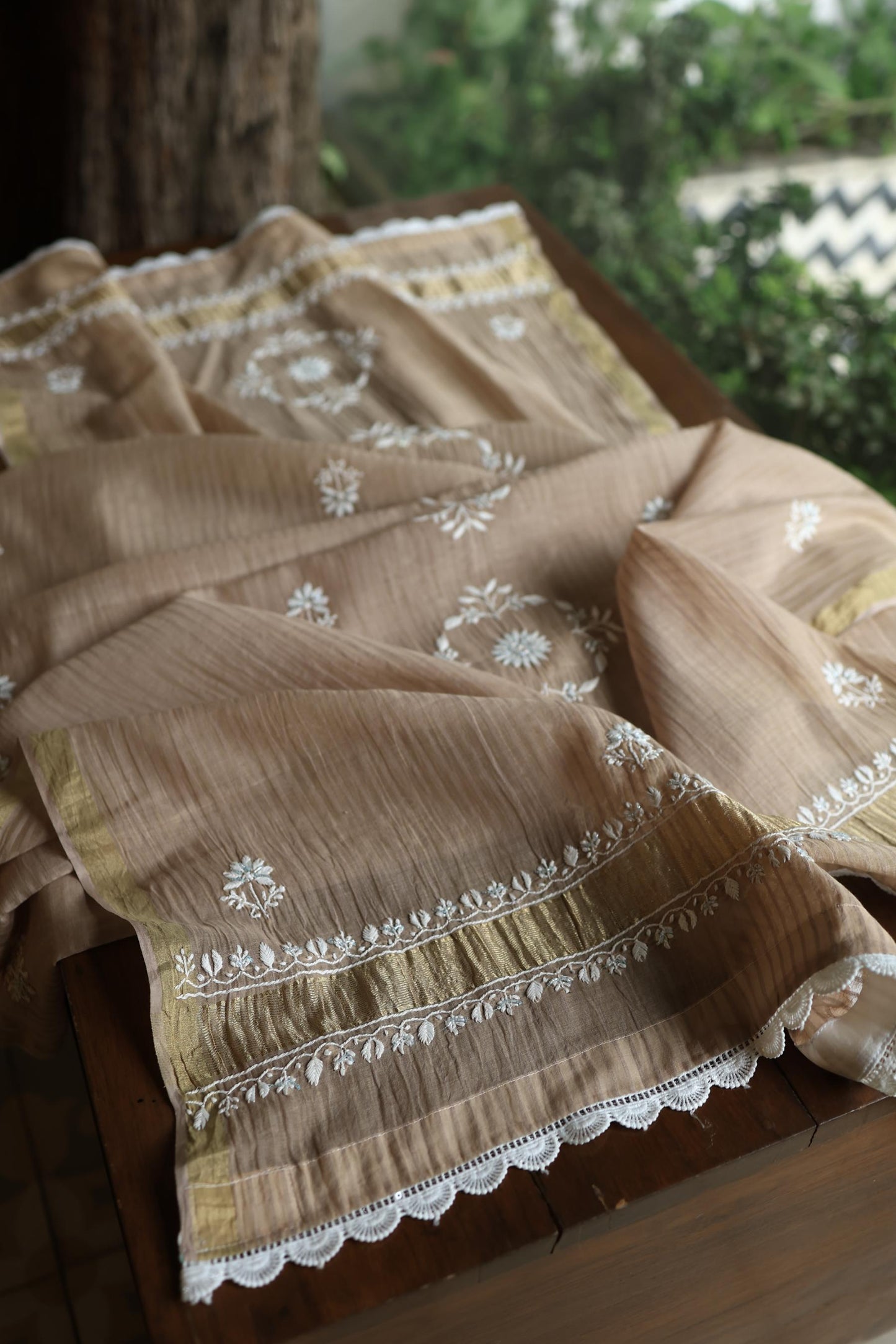 Beige Shade  Malmal Pearl Work Chikankari Fabric