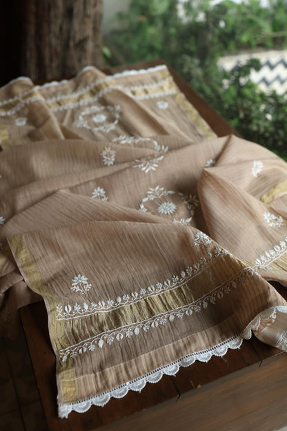Beige Shade  Malmal Pearl Work Chikankari Fabric
