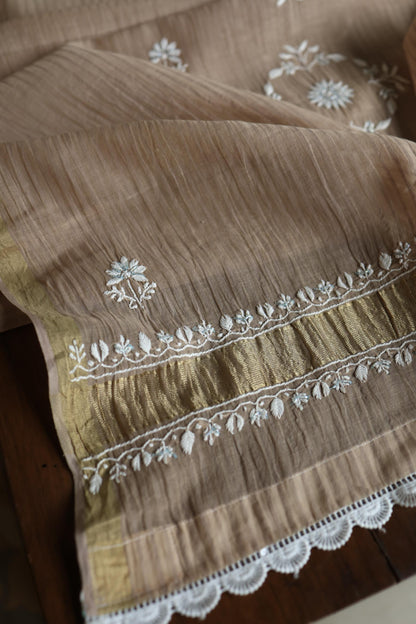 Beige Shade  Malmal Pearl Work Chikankari Fabric