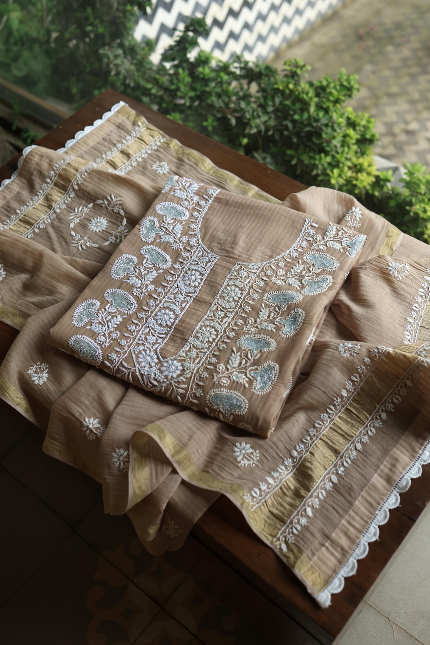 Beige Shade  Malmal Pearl Work Chikankari Fabric