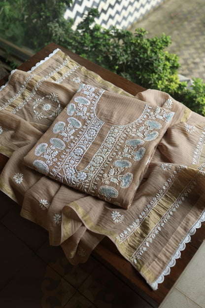 Beige Shade  Malmal Pearl Work Chikankari Fabric