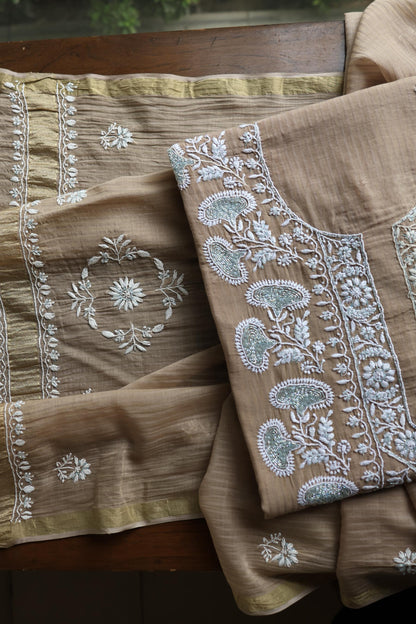 Beige Shade  Malmal Pearl Work Chikankari Fabric