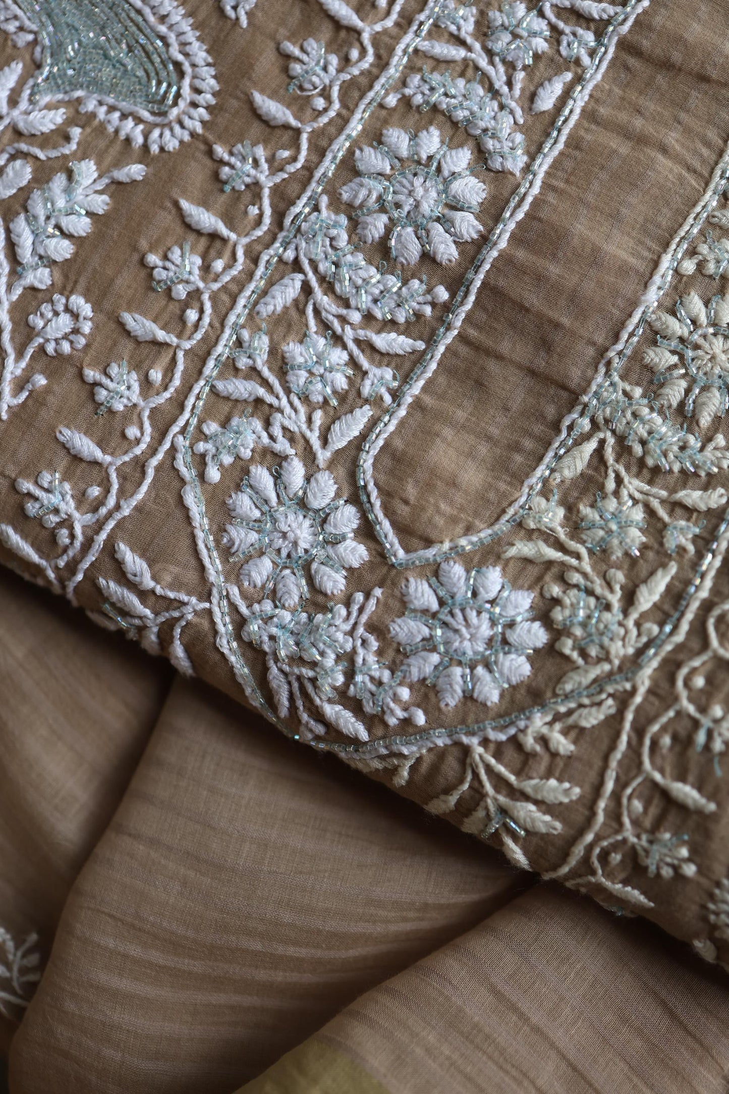 Beige Shade  Malmal Pearl Work Chikankari Fabric