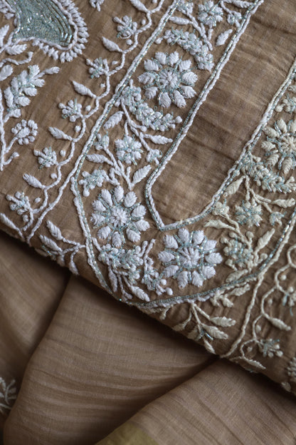 Beige Shade  Malmal Pearl Work Chikankari Fabric