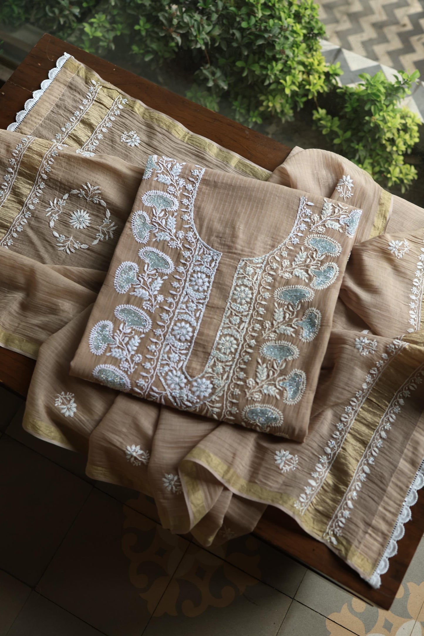 Beige Shade  Malmal Pearl Work Chikankari Fabric