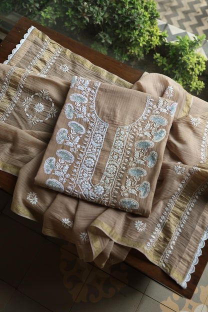 Beige Shade  Malmal Pearl Work Chikankari Fabric