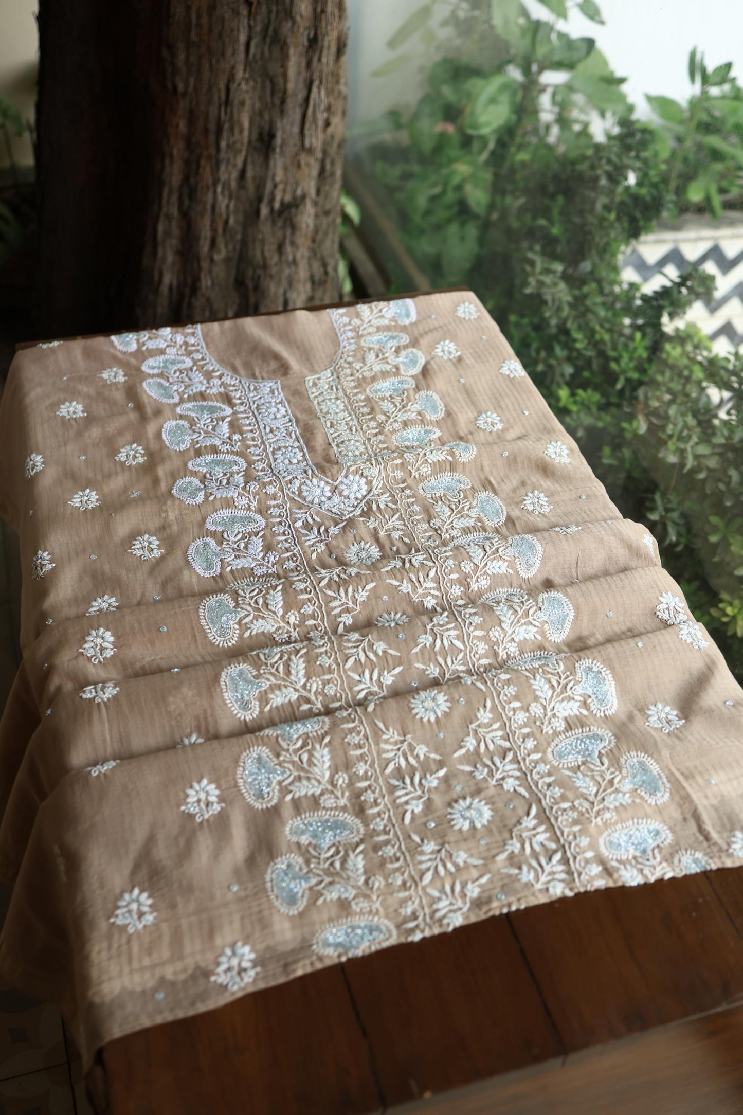 Beige Shade  Malmal Pearl Work Chikankari Fabric