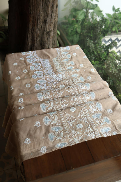 Beige Shade  Malmal Pearl Work Chikankari Fabric