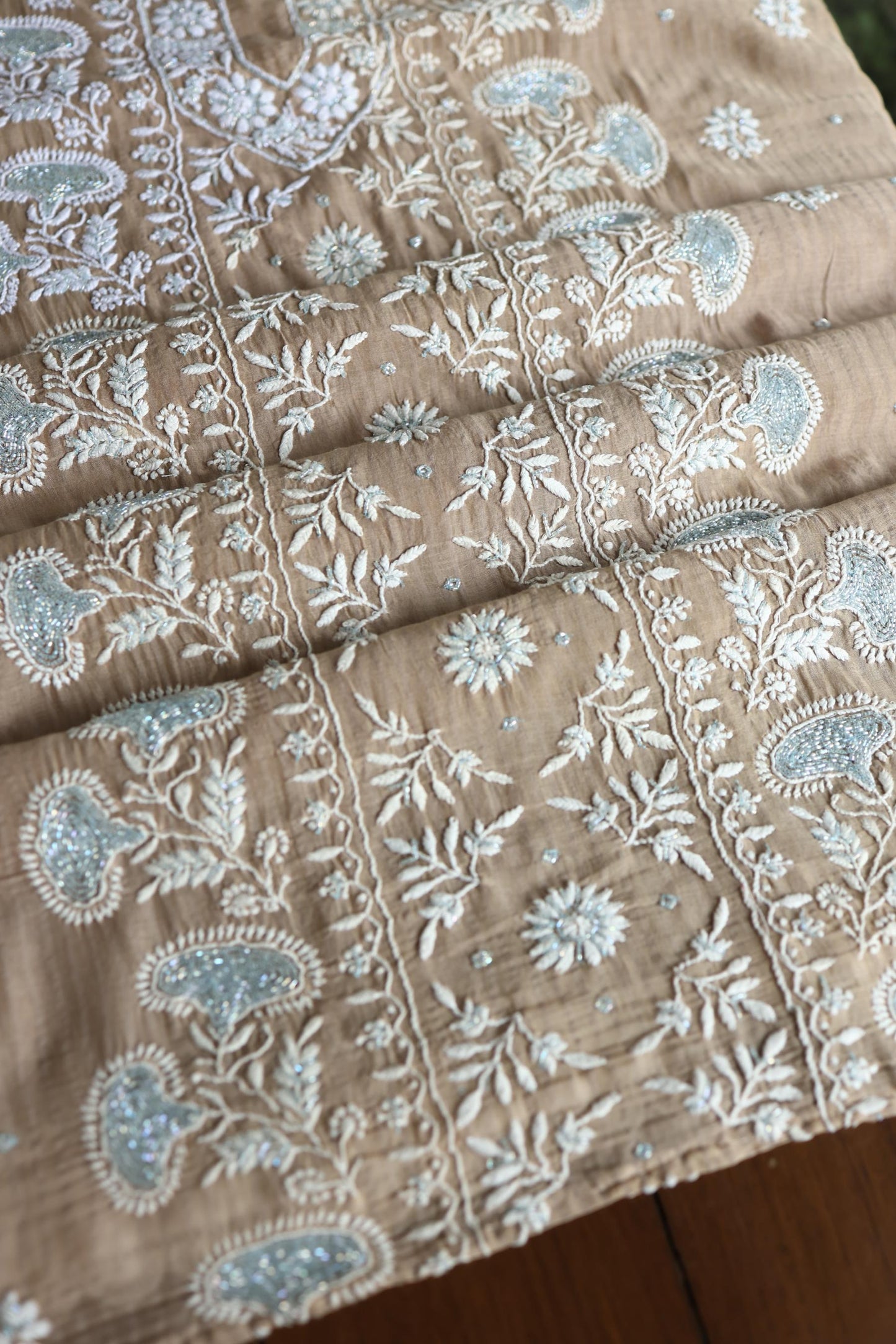 Beige Shade  Malmal Pearl Work Chikankari Fabric