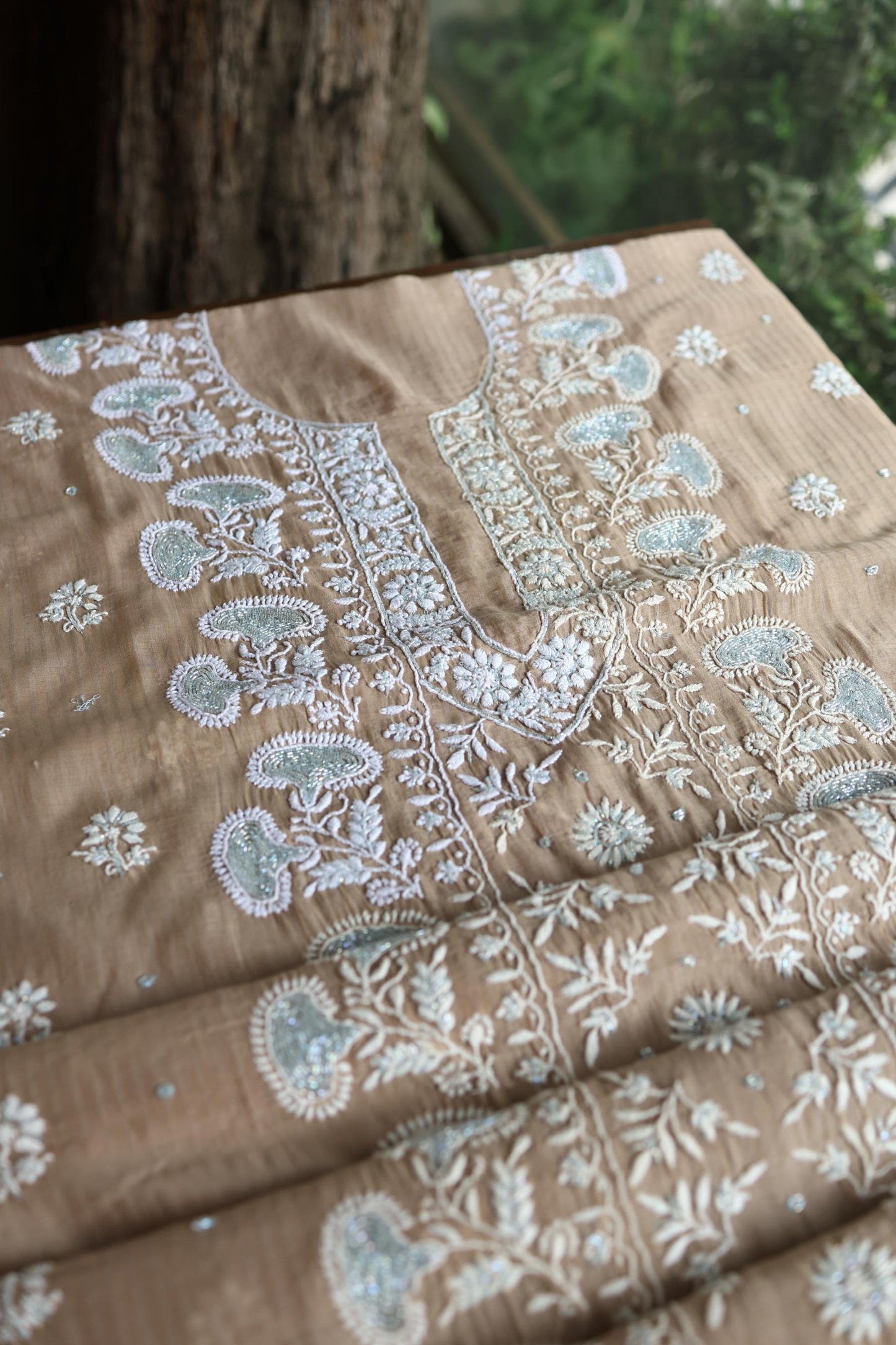 Beige Shade  Malmal Pearl Work Chikankari Fabric