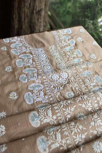 Beige Shade  Malmal Pearl Work Chikankari Fabric