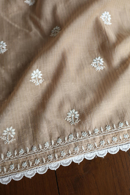 Beige Shade  Malmal Pearl Work Chikankari Fabric