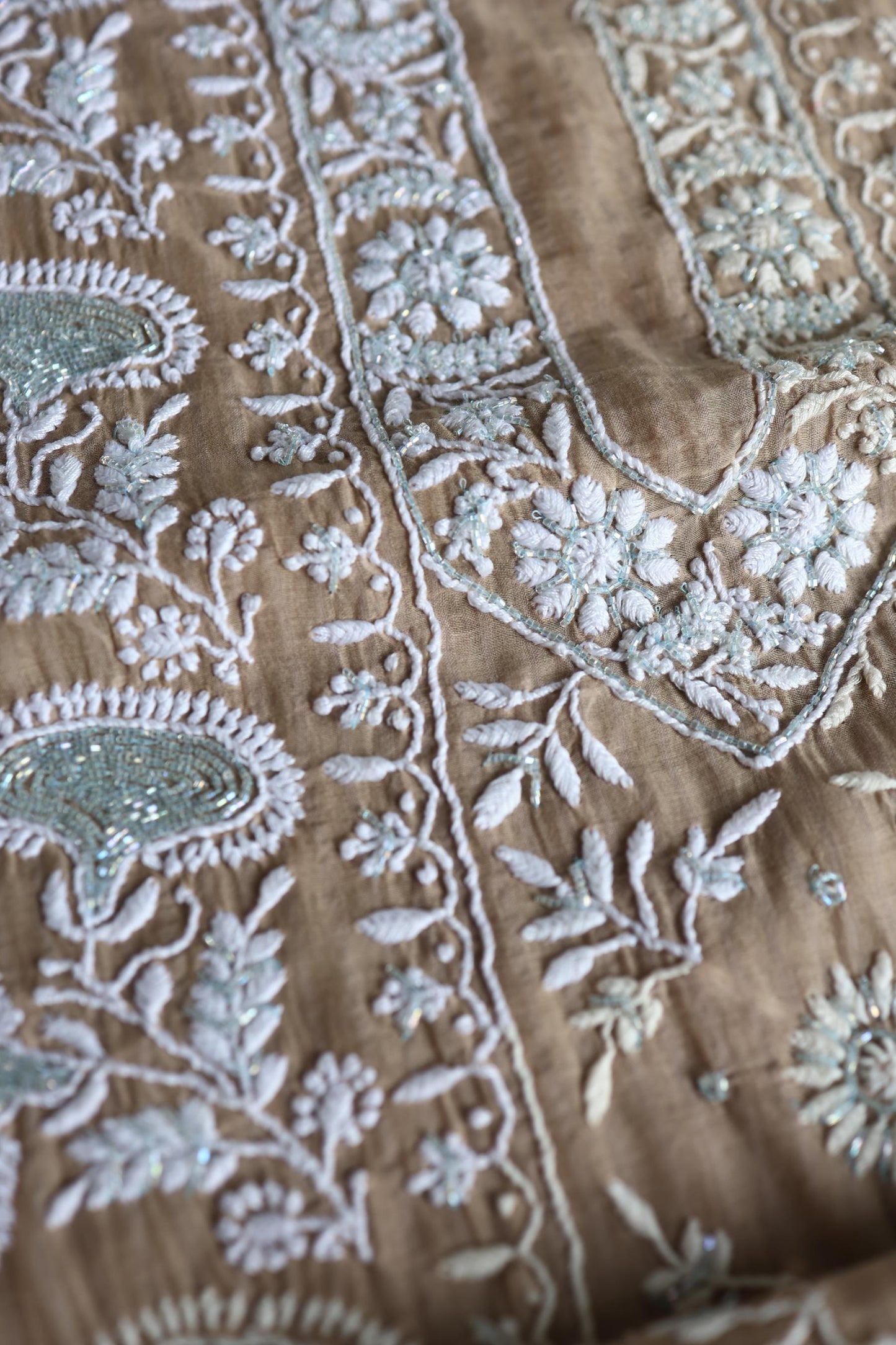 Beige Shade  Malmal Pearl Work Chikankari Fabric