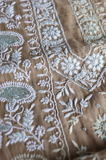 Beige Shade  Malmal Pearl Work Chikankari Fabric