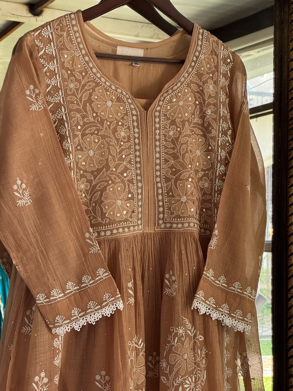 Beige Shade Malmal Tux Chikankari Kamdani Dress Kurta Set