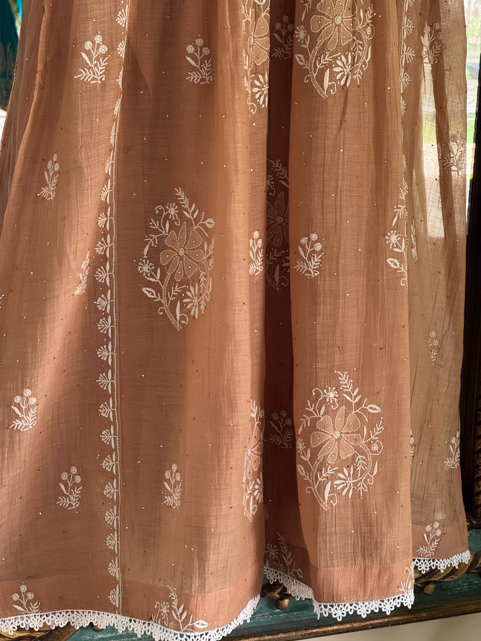 Beige Shade Malmal Tux Chikankari Kamdani Dress Kurta Set