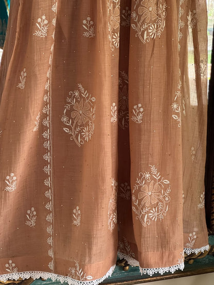 Beige Shade Malmal Tux Chikankari Kamdani Dress Kurta Set