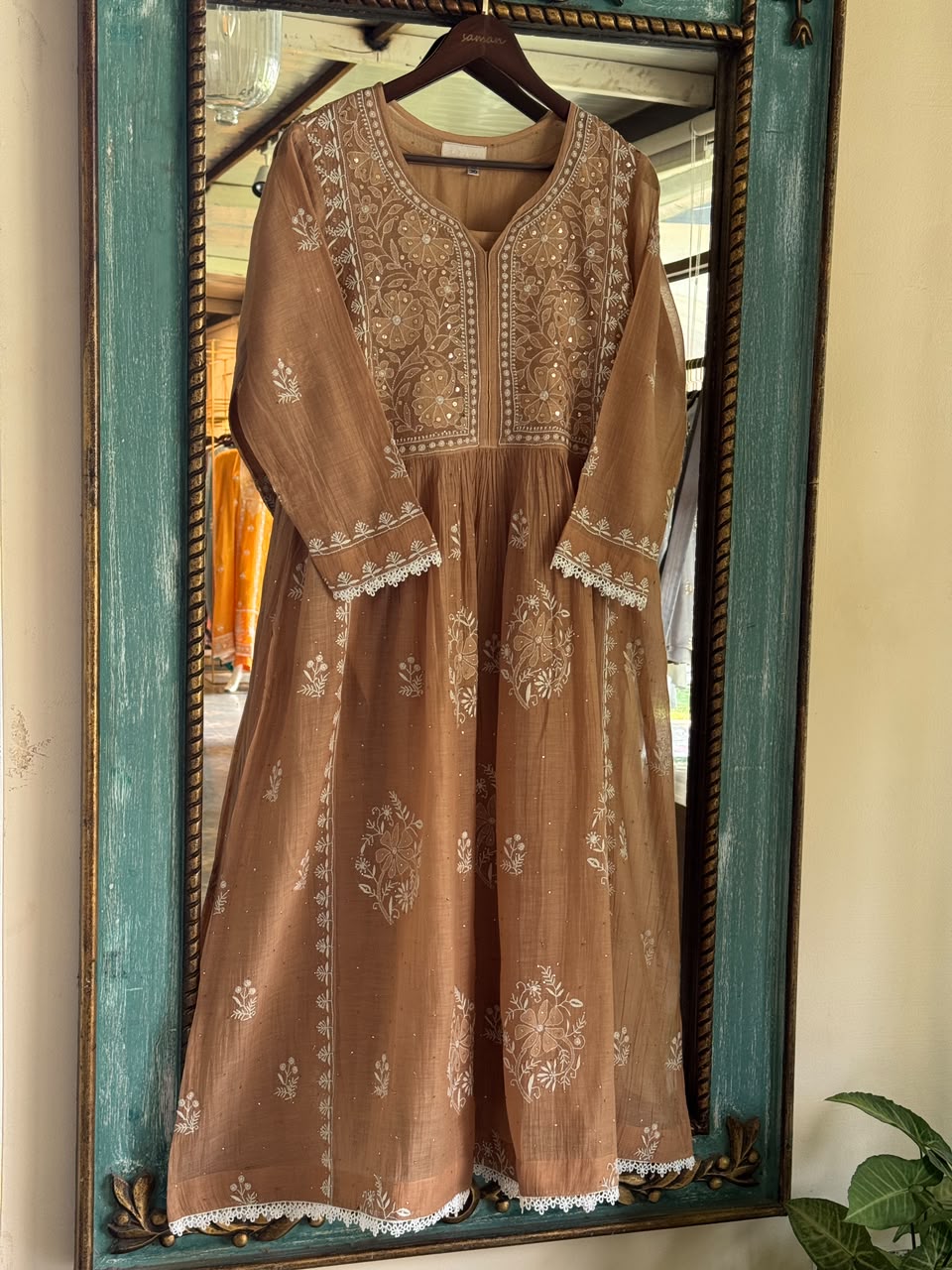 Beige Shade Malmal Tux Chikankari Kamdani Dress Kurta Set