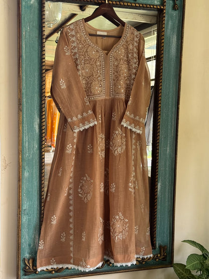 Beige Shade Malmal Tux Chikankari Kamdani Dress Kurta Set