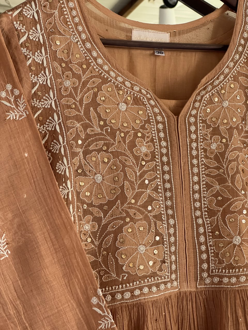 Beige Shade Malmal Tux Chikankari Kamdani Dress Kurta Set