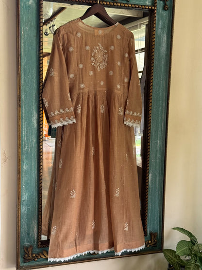 Beige Shade Malmal Tux Chikankari Kamdani Dress Kurta Set